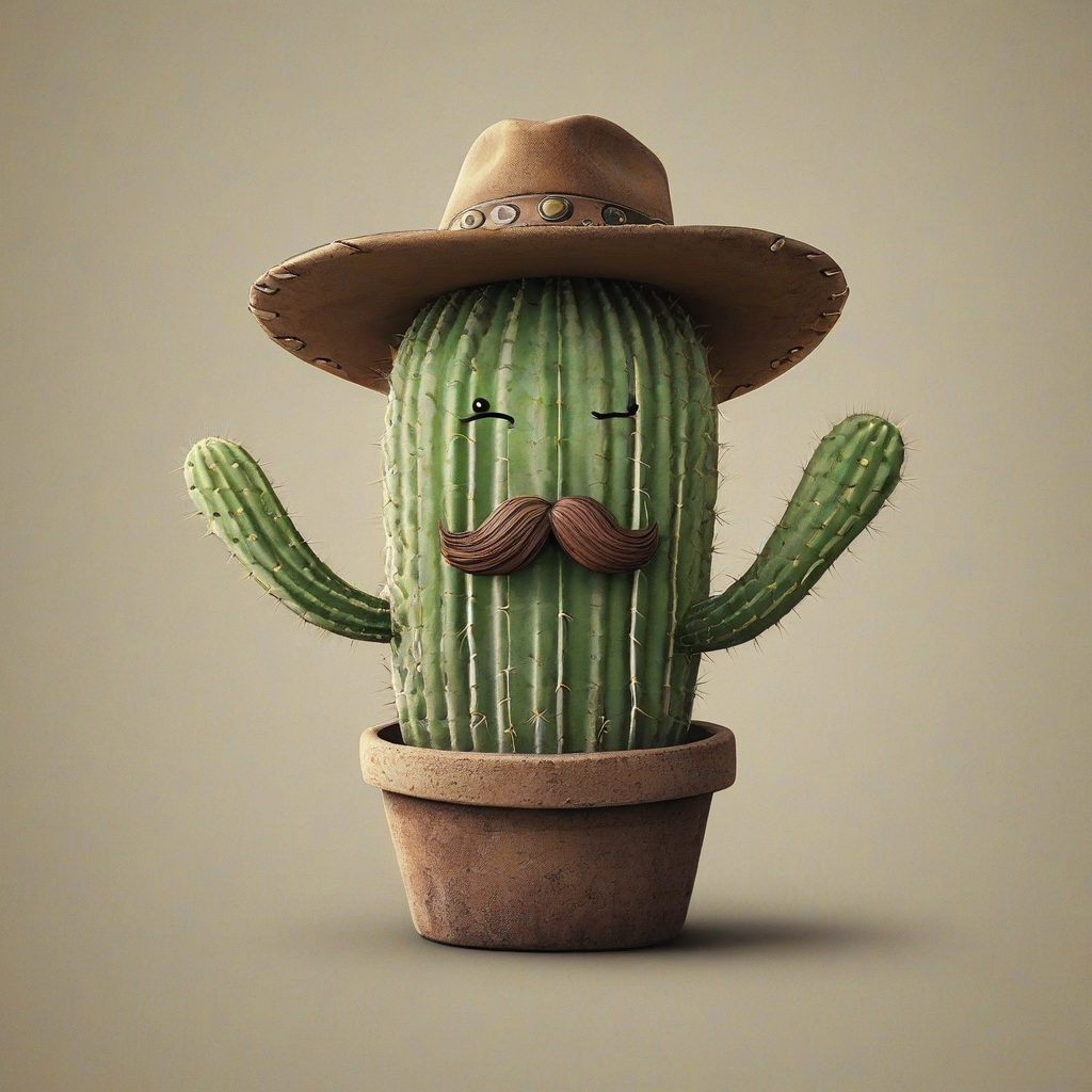 Ghibli-style of a cactus wearing a cowboy hat and a mustache