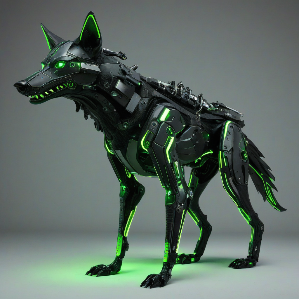 A stylized, cybernetic wolf-like creature. It features a dark, patched, stitched-together body resembling leather and metal plates, glowing neon green accents highlighting mechanical and exposed 'muscle' sections, and glowing green eyes. Mechanical arms or tubes are visible on its back. The overall aesthetic is dark, stitched, mechanical, and reminiscent of a futuristic, battle-ready werewolf or creature, presented in a video game-style 3D render, on a plain white background, even lighting