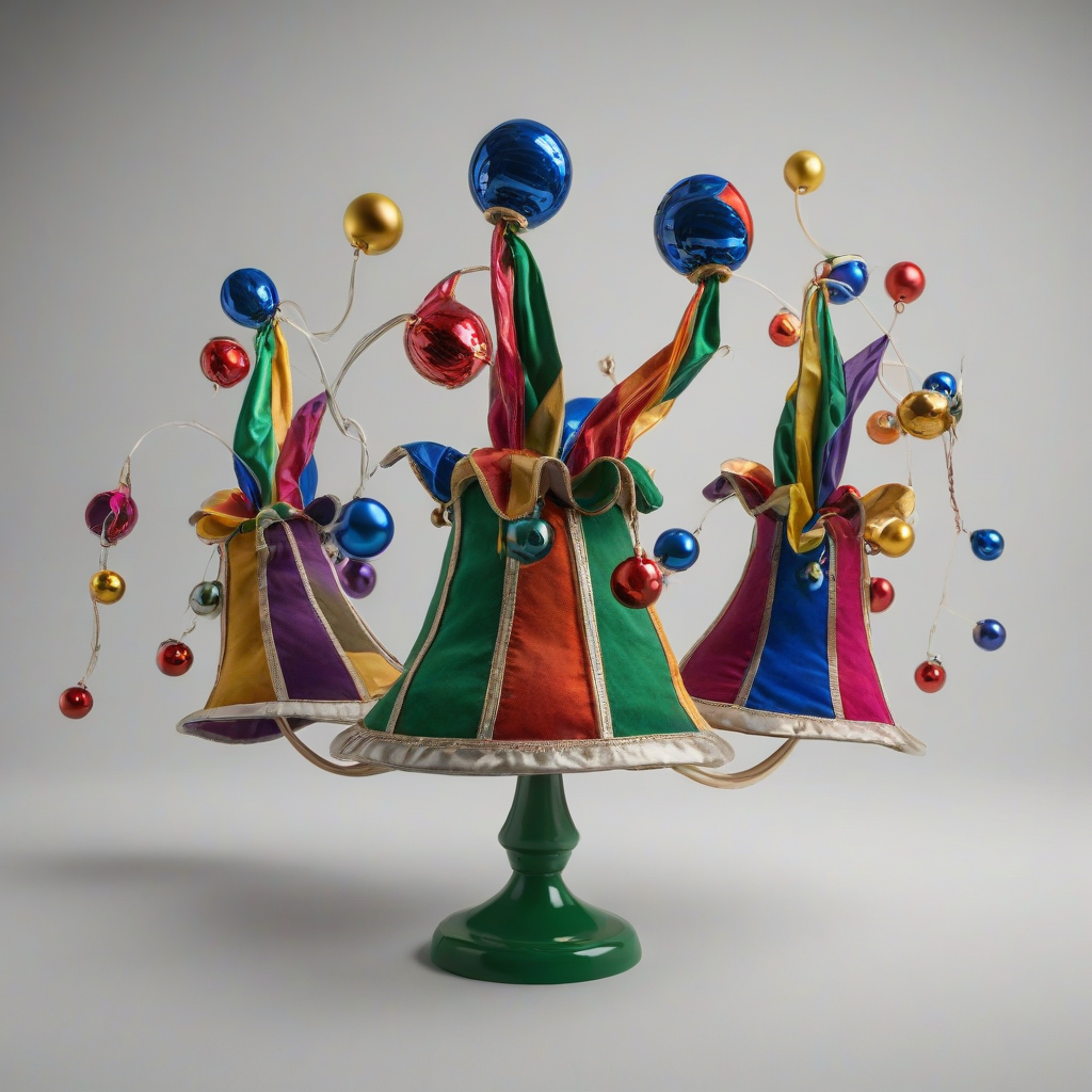A colorful jester's hat with three floppy crowns, decorated with bells, on a plain white background, in a full-body view, with a wide-angle shot, and dynamic shadows, on a plain white background, even lighting 