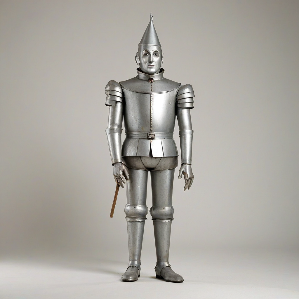 A full-body view of the Tin Man from The Wizard of Oz, with a silver metallic body, a funnel hat, and a sad expression, standing on a plain white background, with a wide-angle shot and soft, warm lighting, in the style of a classic illustration, on a plain white background, even lighting 