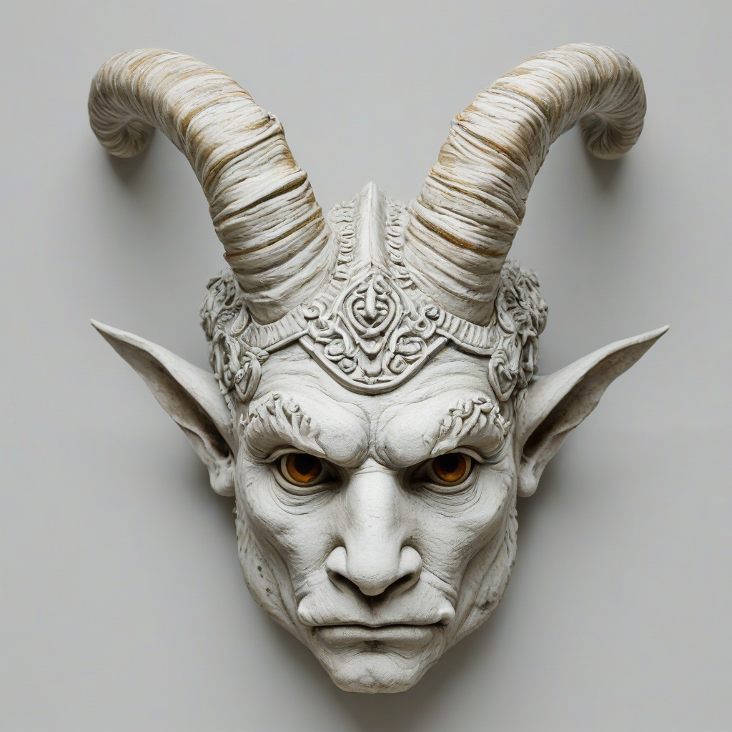 head of a horned guardian, on a plain white background, even lighting