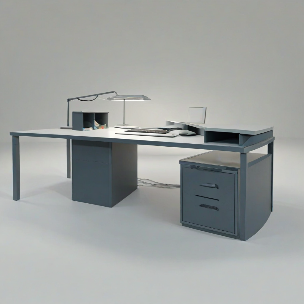 3d cartoon animation  of an oversized metal office desk, on a plain white background, even lighting