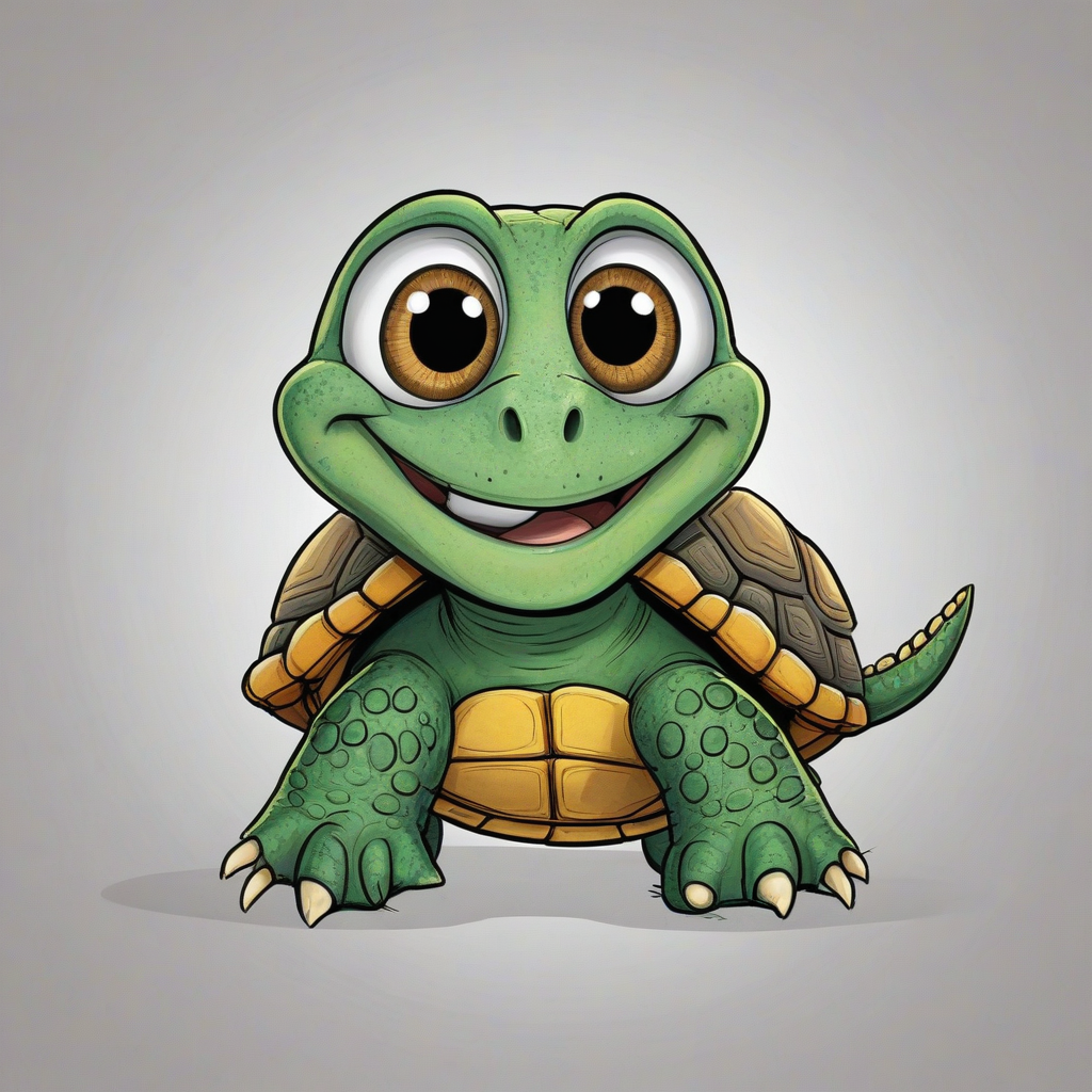 hand-drawn cartoon of turtle with a smile, big eyes, happy expression, bright, even lighting, on a plain white background, even lighting