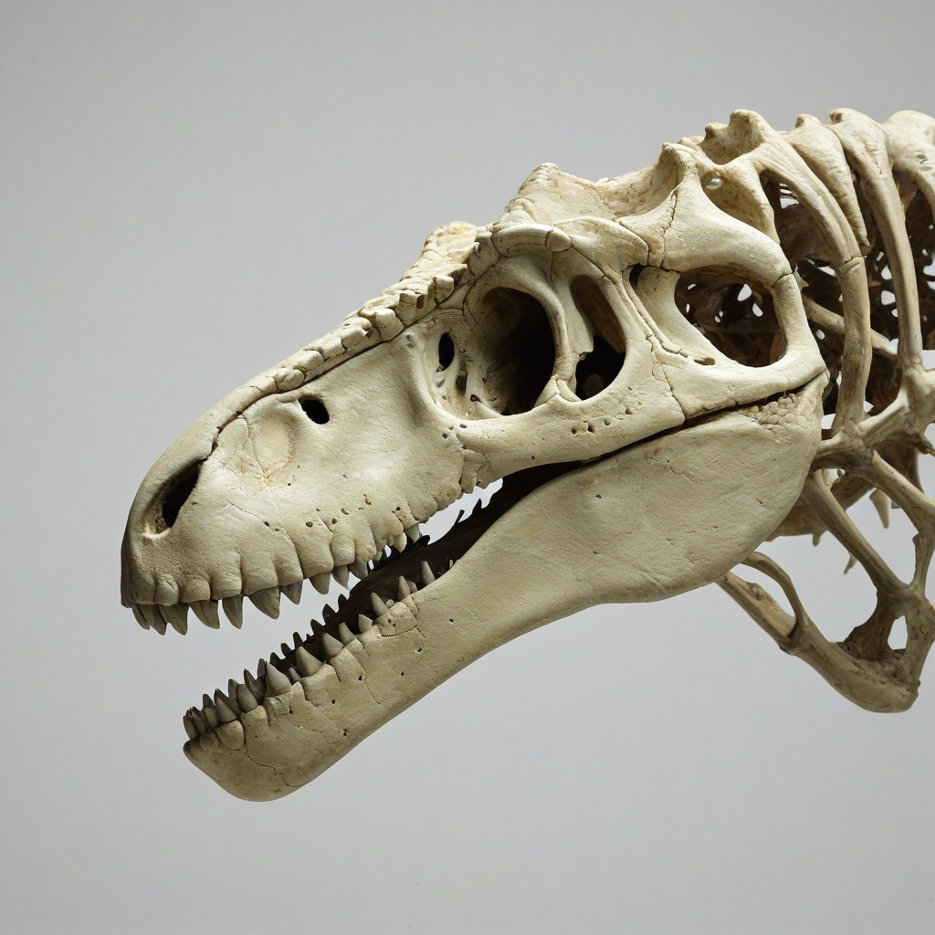 greenish beige colored, tyrannosaurus rex skull, on a plain white background, even lighting