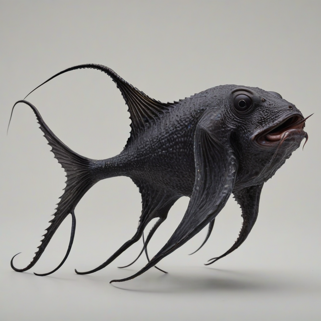 A highly detailed, hyperrealistic, full-body view of a black sea creature, such as an anglerfish or a black squid, with intricate textures and patterns on its skin, set against a plain white background, with soft, natural lighting and subtle shadows to accentuate its features, in a wide shot to capture its entire body, with its fins and tentacles fully visible, on a plain white background, even lighting