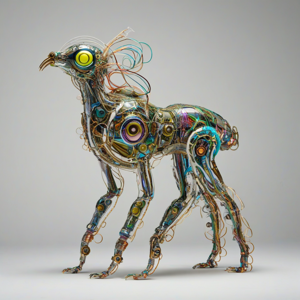 A full-body view of Olive, a biomechanical creature with a mix of metallic and organic components, set against a plain white background, in the style of Afrofuturism, with vibrant, neon colors and intricate, swirling patterns, and a sense of dynamic movement, as if Olive is in mid-transformation, with visible wires, circuits, and mechanical limbs blending seamlessly with flesh and bone, and a sense of glowing, pulsing energy emanating from within, on a plain white background, even lighting 