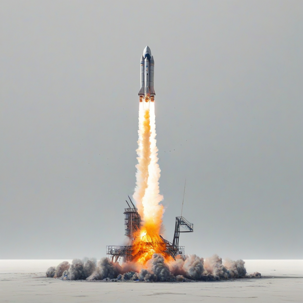 A rocket launching with thick fire and smoke, in a wide shot, with the entire rocket visible from base to tip, on a plain white background, in a digital art style with bold lines and vibrant colors, on a plain white background, even lighting