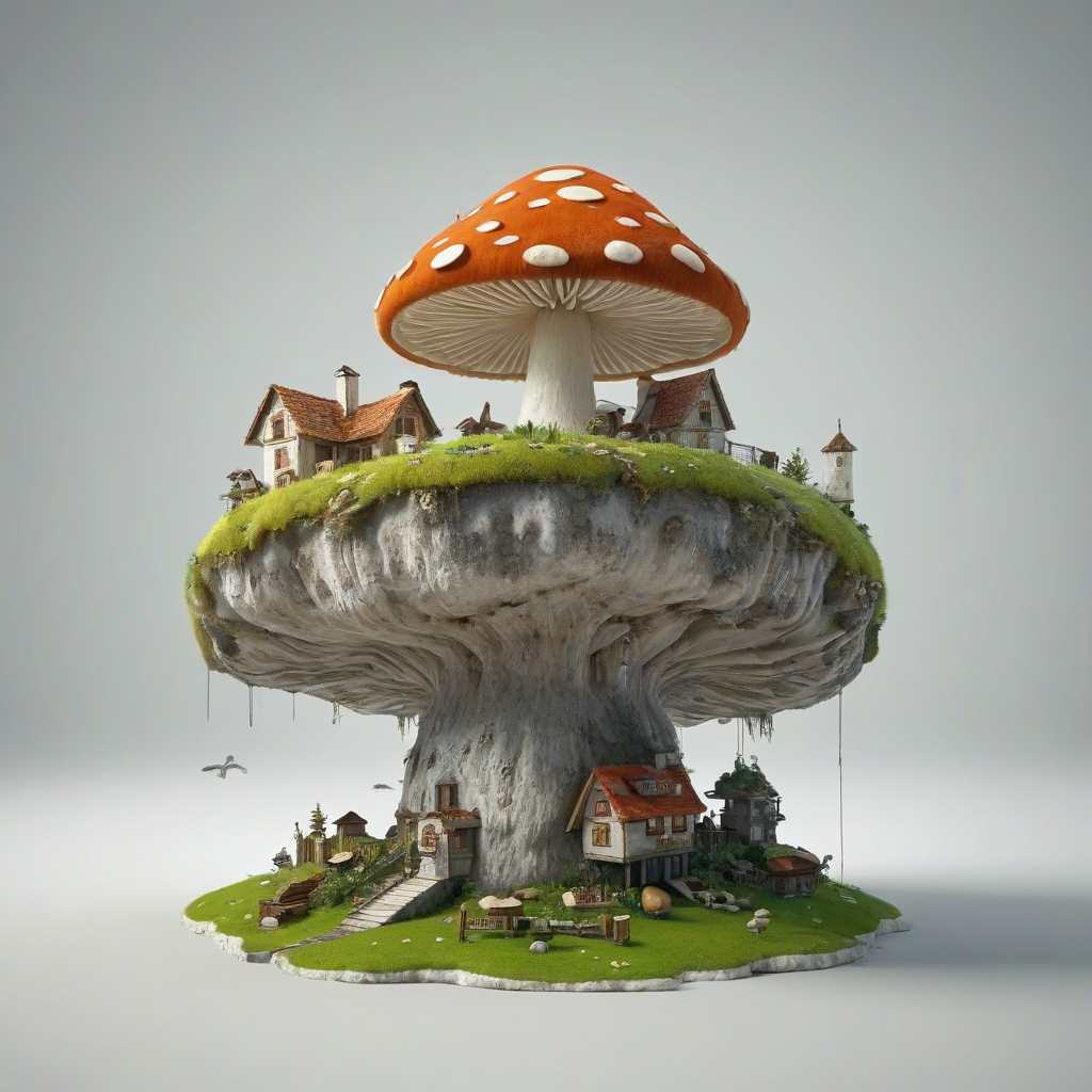 3d cartoon animation style, floating mushroom  with a village built on the top of the mushroom, no background, full body visible, bright lighting, on a plain white background, even lighting