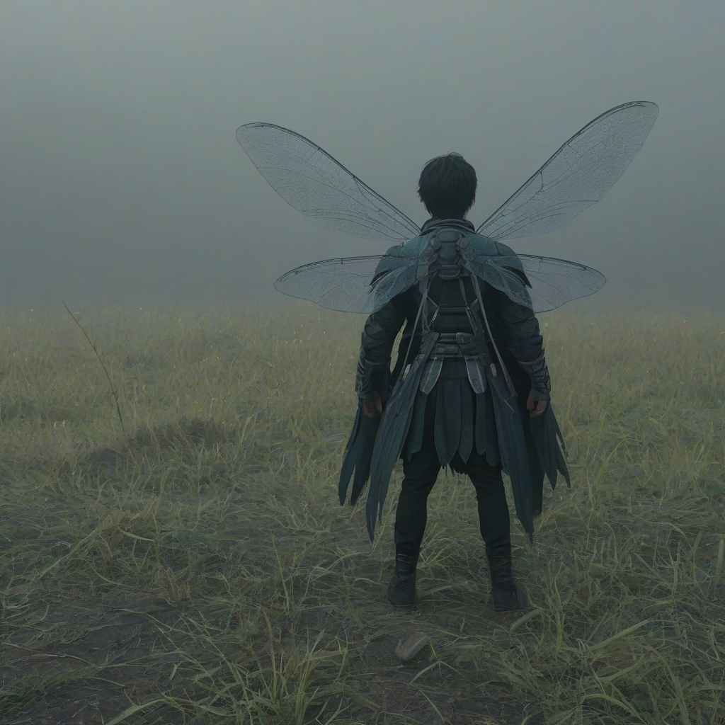 A man in loose, thick clothing with dragonfly-inspired 2D anime wings, standing in a foggy, desolate grassland with subtle volumetric fog lighting