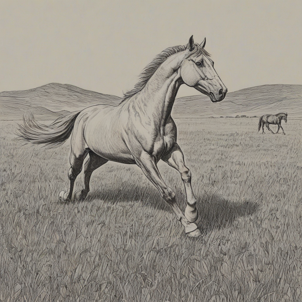 Line drawing of a horse galloping in a big open meadow