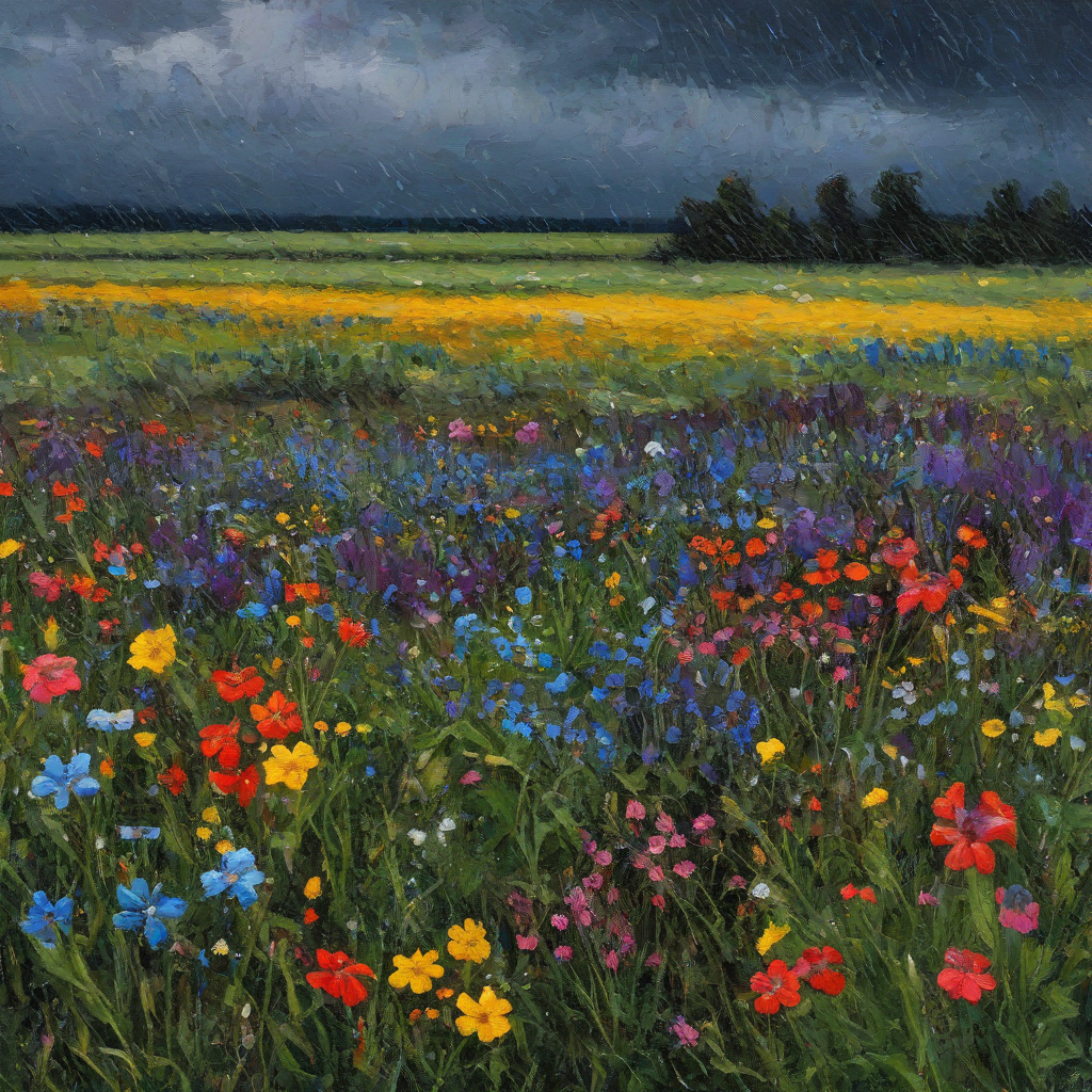 vividly colored wildflowers, with a backdrop of dark, rainy field, in impressionist painting style