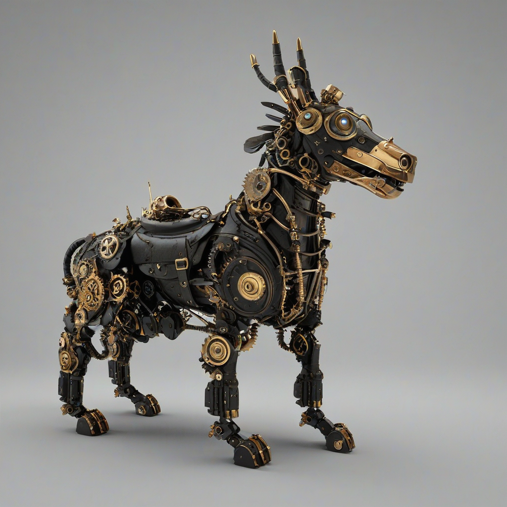 A full-body view of a black quadruped, with a steampunk aesthetic, featuring intricate brass gears, copper pipes, and a mixture of leather and metallic accents, set against a plain white background, with a wide-angle shot, and dramatic lighting that highlights the subject's mechanical details, in a digital art style with a mix of realistic and stylized elements, on a plain white background, even lighting