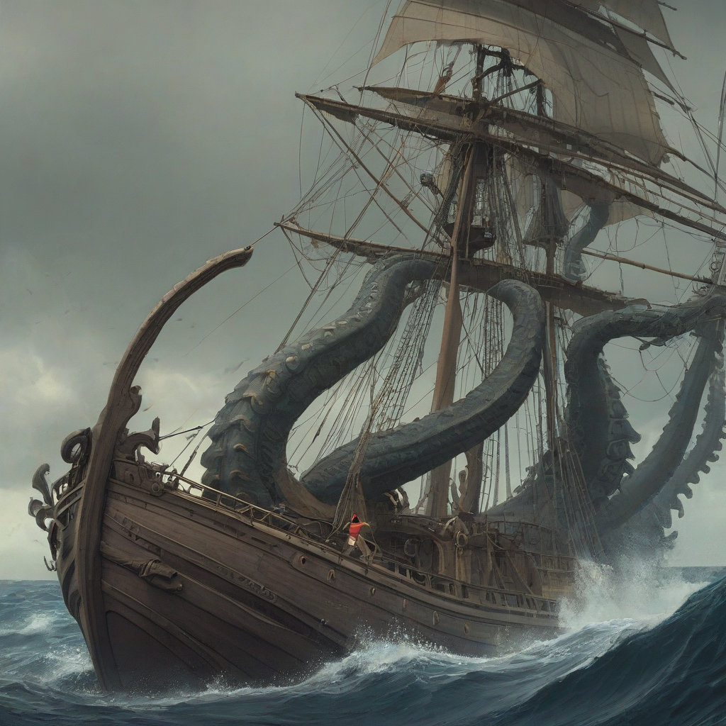 Kraken Ghibli-style taking down a ship