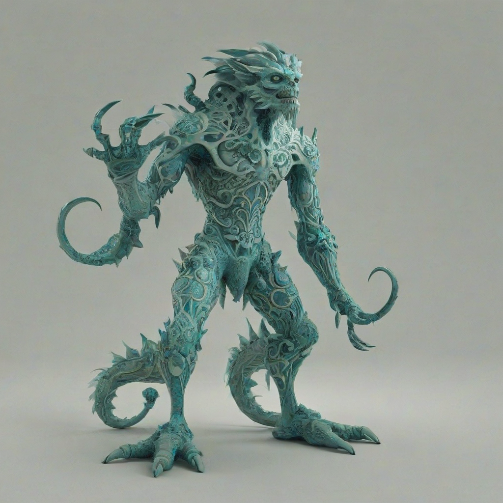 A majestic, full-body view, Aquamarine-colored, Baroque-style monster with intricate details and patterns, set against a plain white background, with a wide shot and feet visible, in a digital art style with dynamic shadows and a hard rim light, on a plain white background, even lighting