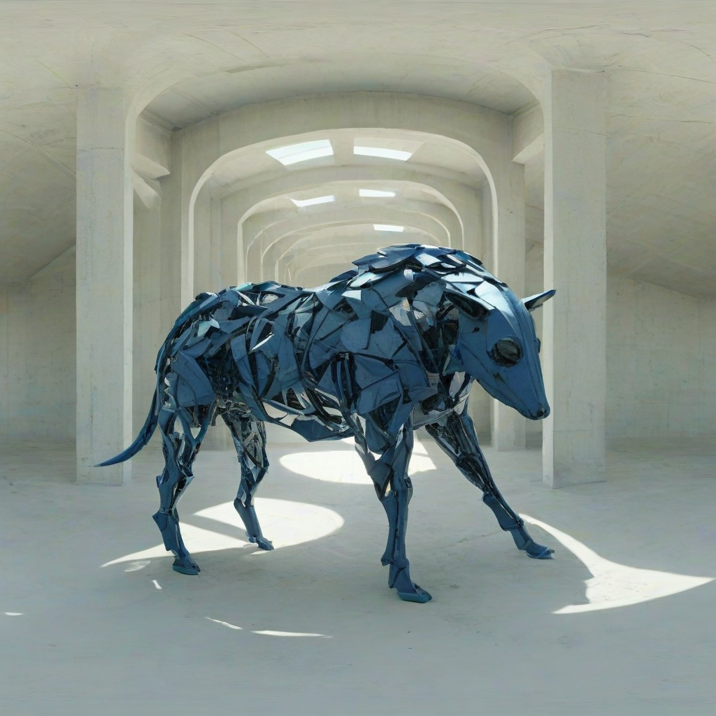A full-body view of a quadruped, set against a plain white background, with an indigo color scheme, and brutalist architectural elements incorporated into its body, with a wide-angle shot and dynamic shadows, in a digital art style with a mix of geometric and organic shapes, on a plain white background, even lighting