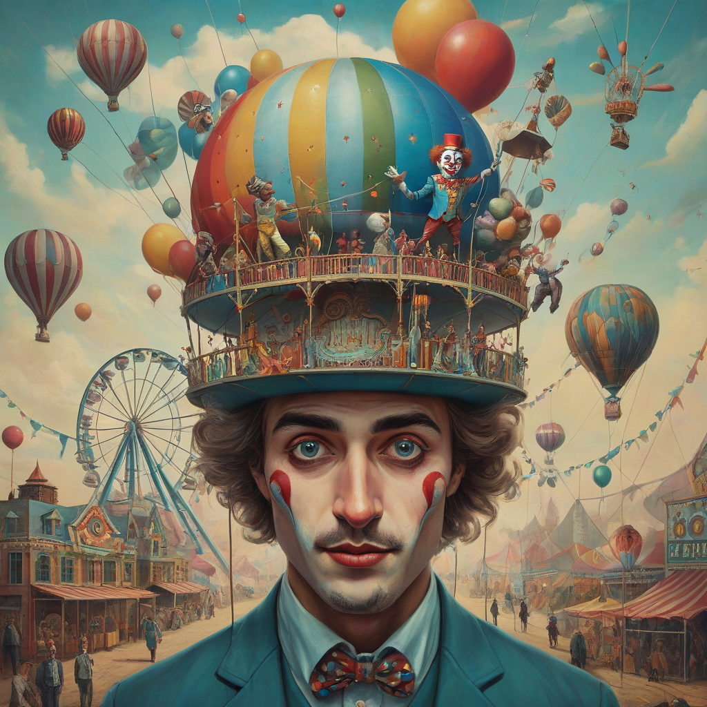 A man with a vibrant, dreamlike circus scene inside his face, complete with a miniature Ferris wheel, a clown, and a hot air balloon, all in a surrealist style.