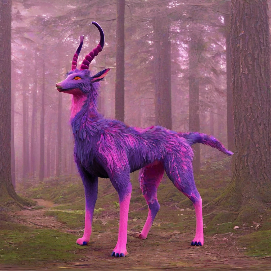 A fantasy creature with a distinctive dual-tone fur pattern, featuring pink fur on the upper body and purple fur on the lower body, with a long slender tail and short horns on it's head, in a full-body view with feet visible, in a forest, in a digital art style with vibrant colors and dynamic shadows