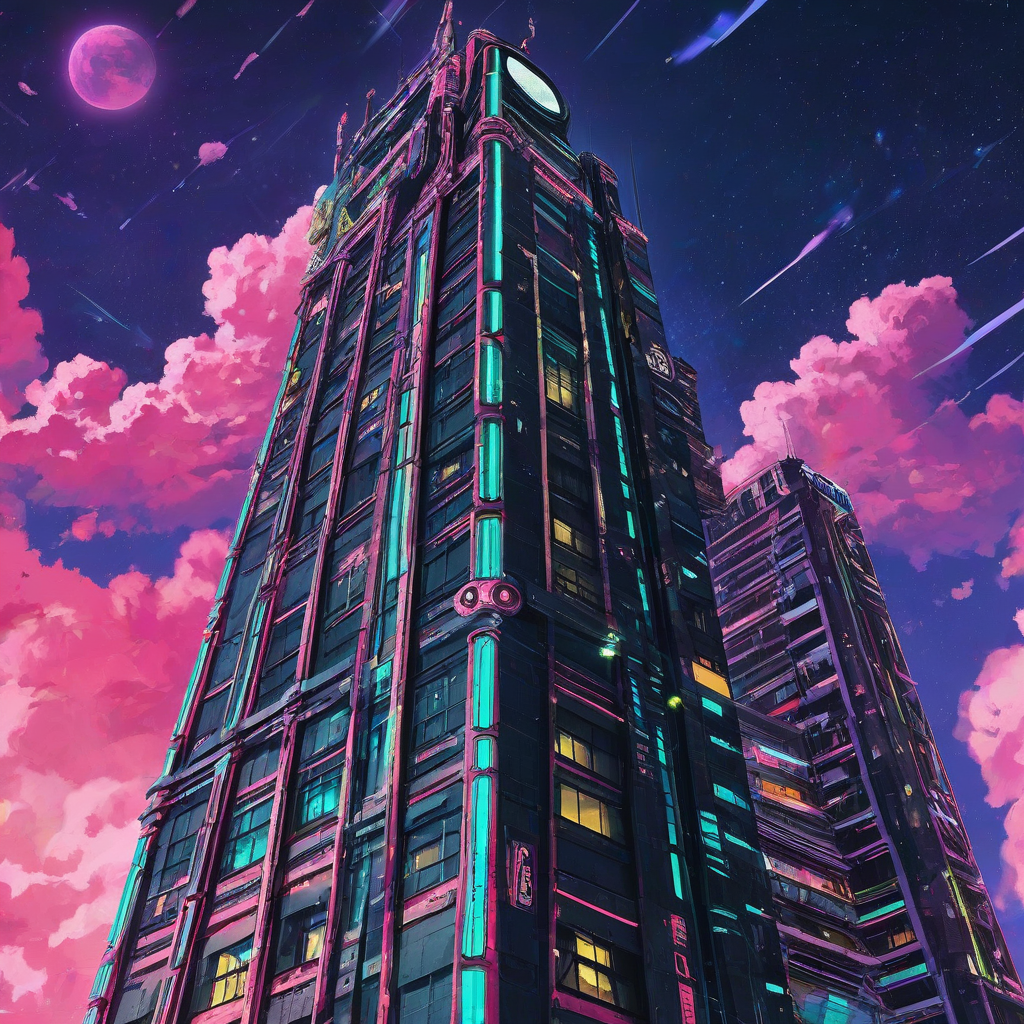 Low-angle close-up of lunar punk skyscraper, neon rimmed clouds, stars, digital anime art style