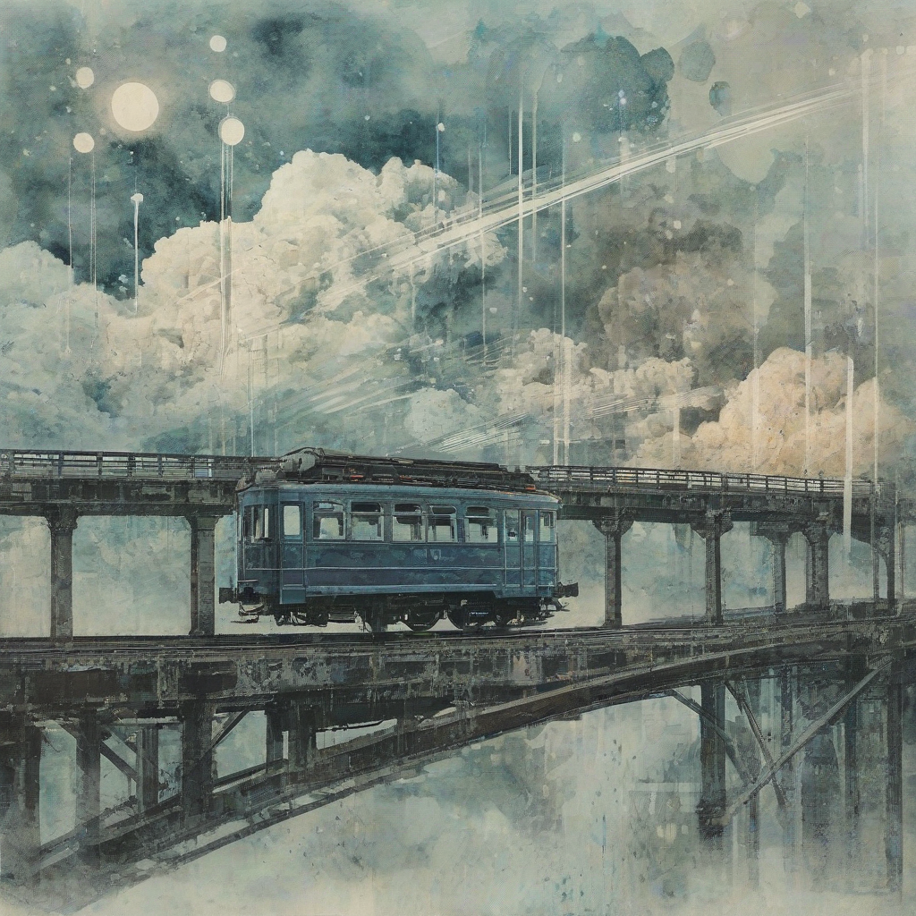 abstract glitch art collage, broken ascii art, mistakes, a sleepy train made of clouds glides across a moonlit sky bridge, each carriage glowing softly with forgotten dreams hush-toned, surreal, and gently wistful, subtle oilpaint watercolor mix