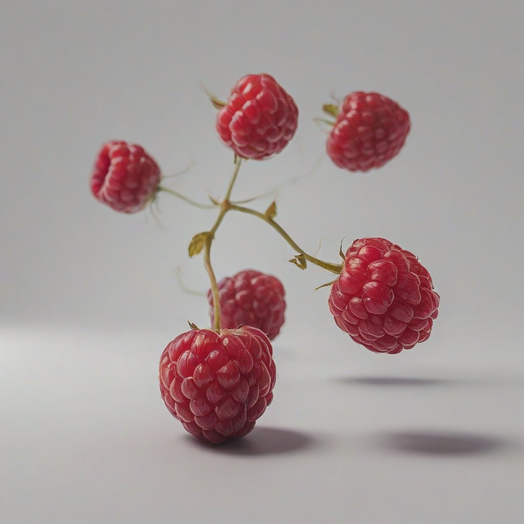 A bright red raspberry, full-body view, on a plain white background, with natural lighting, and a wide-angle shot, digital illustration style, with vibrant colors and dynamic shadows, on a plain white background, even lighting 
