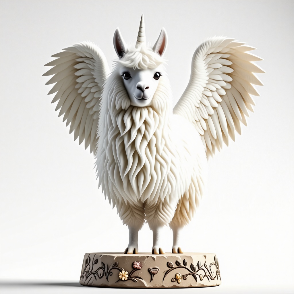 A llama with fluffy and curly white fur, large angel wings, wide eyes, and a white unicorn horn standing on a stone platform engraved with images of flowers and vines