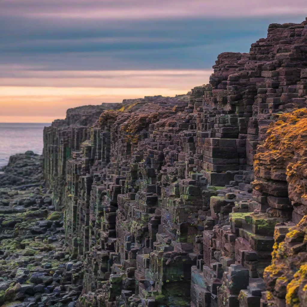 An oceanside cliff of basalt columns in bokeh photography style, using only the colors orange, purple, teal, and green, with the sky visible and a subtle gradient of colors to give a sense of depth.