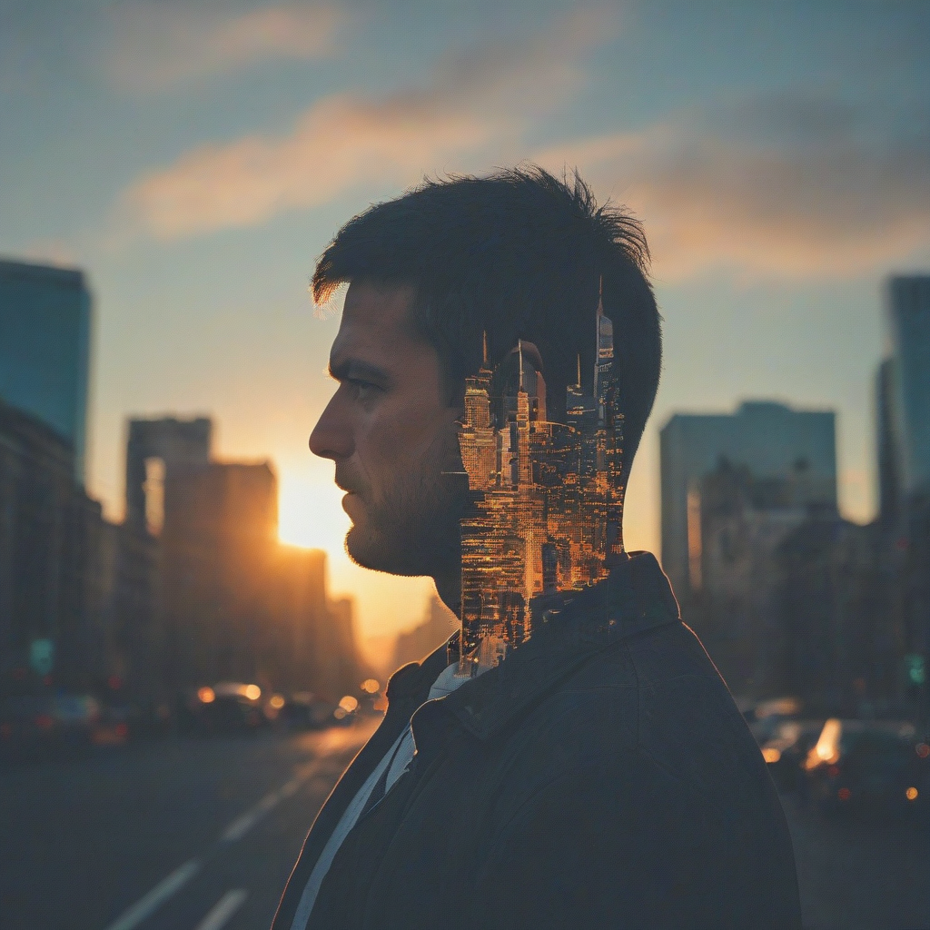 double exposure photography of a man and a sunset city