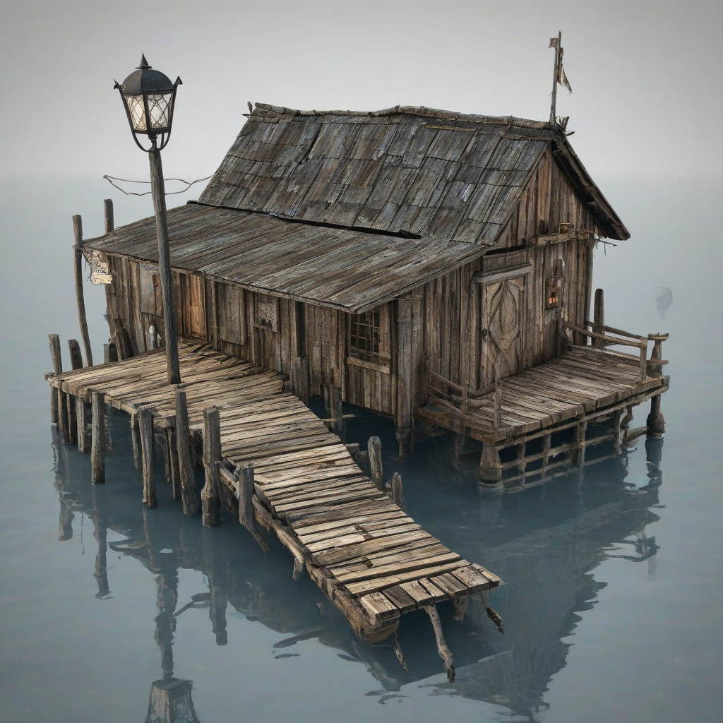 old, worn, wooden floating dock with a D&D style, fantasy, medieval, rustic, and distressed appearance, with a dilapidated fishing shack on it, in a full-body view, on a plain white background, with a street light outside the shack, and the wood grain visible, single floating dock, nothing else in the shot, no background, bright lighting, on a plain white background, even lighting