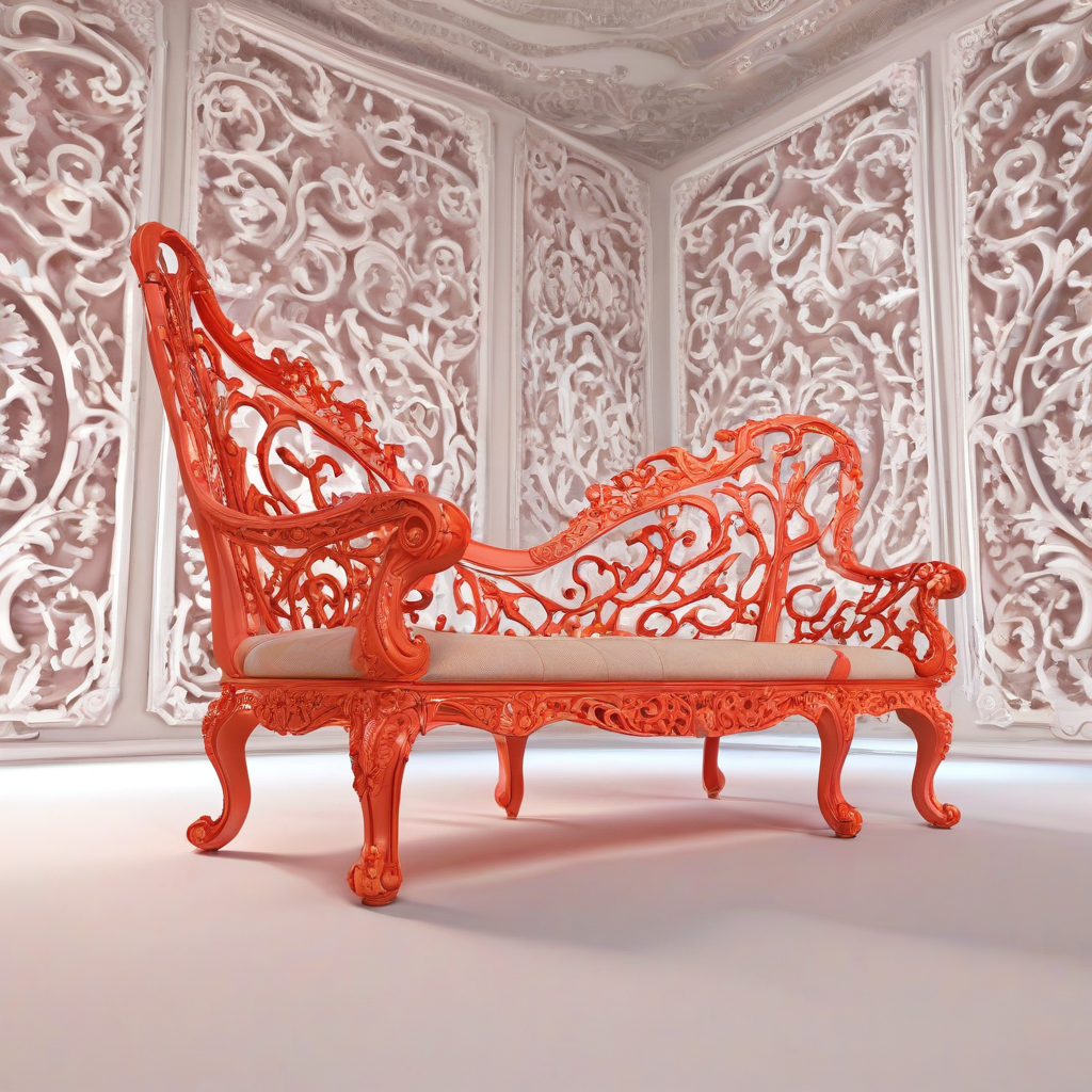 A piece of coral-colored, ornate, fantasy furniture, with intricate carvings and curved lines, in a wide shot, with the entire piece visible, on a plain white background, in the style of a digital illustration, with vibrant colors and dynamic shadows, on a plain white background, even lighting 