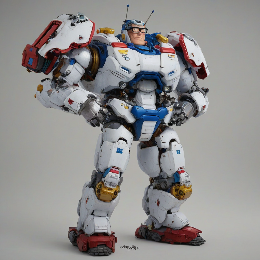 Mecha Hank Hill, on a plain white background, with detailed features, even lighting, and a larger head
