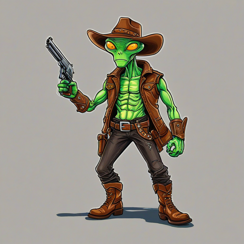 Hand- drawn cartoon style green alien wearing leather cowboy vest, brown leather boots, brown cowboy hat, gun and holster, with bold lines, vivid colors, bright lighting, no background, on a plain white background, even lighting