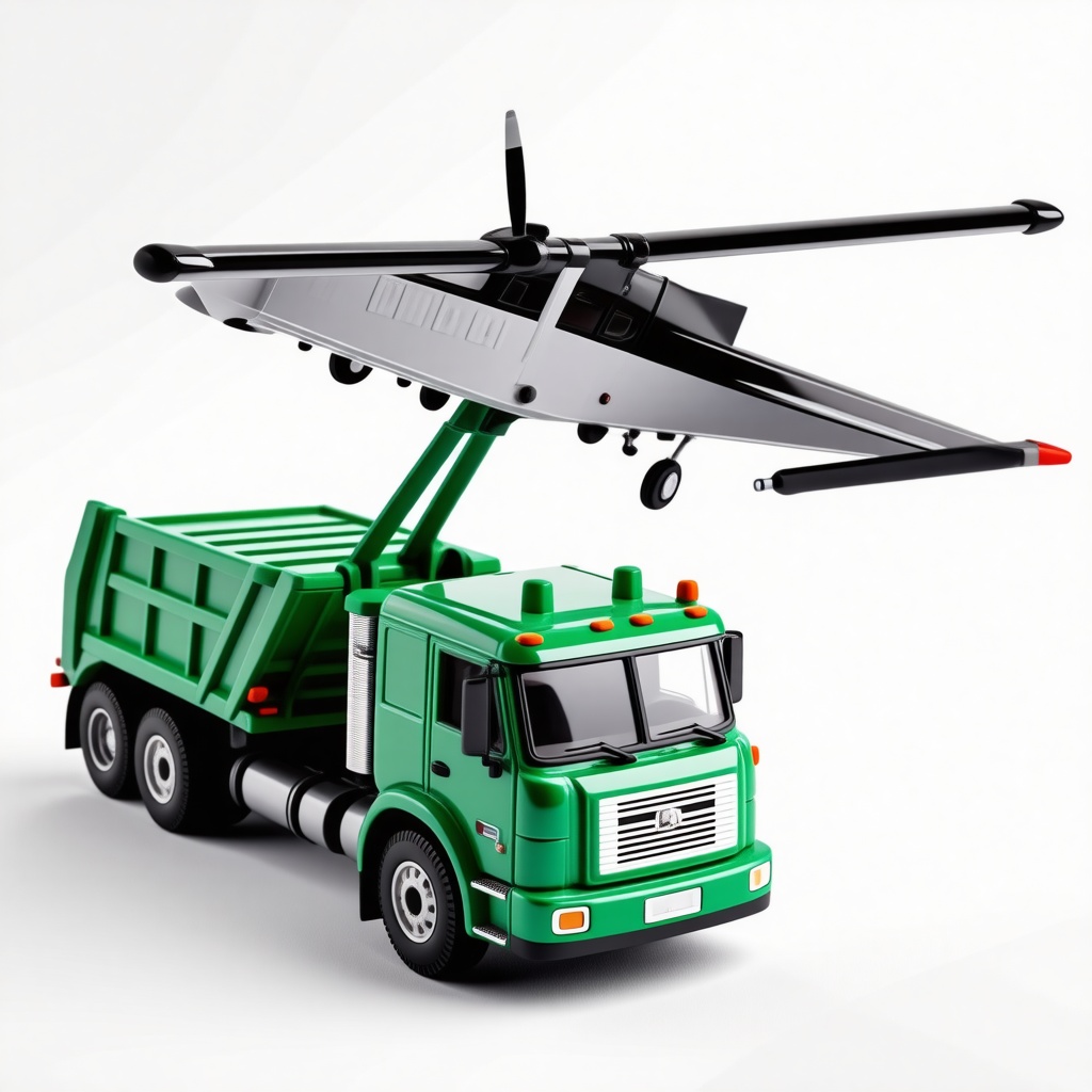 toy green trash truck with front lifting arms and cessna wing on top