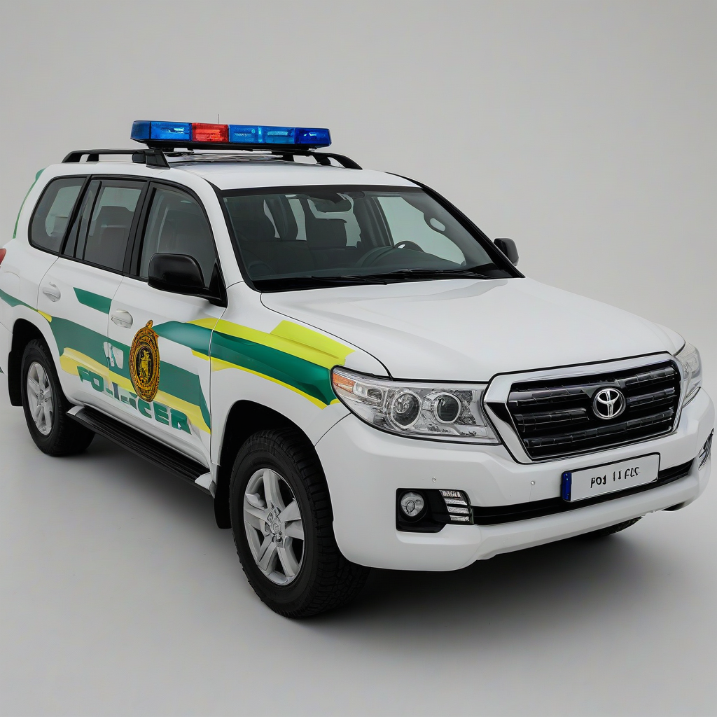 A 2014 Toyota Land Cruiser police car, Guardia Civil edition, in a wide shot with all four wheels visible, on a plain white background, with a matte finish and realistic lighting, in the style of a high-quality automotive photograph, on a plain white background, even lighting