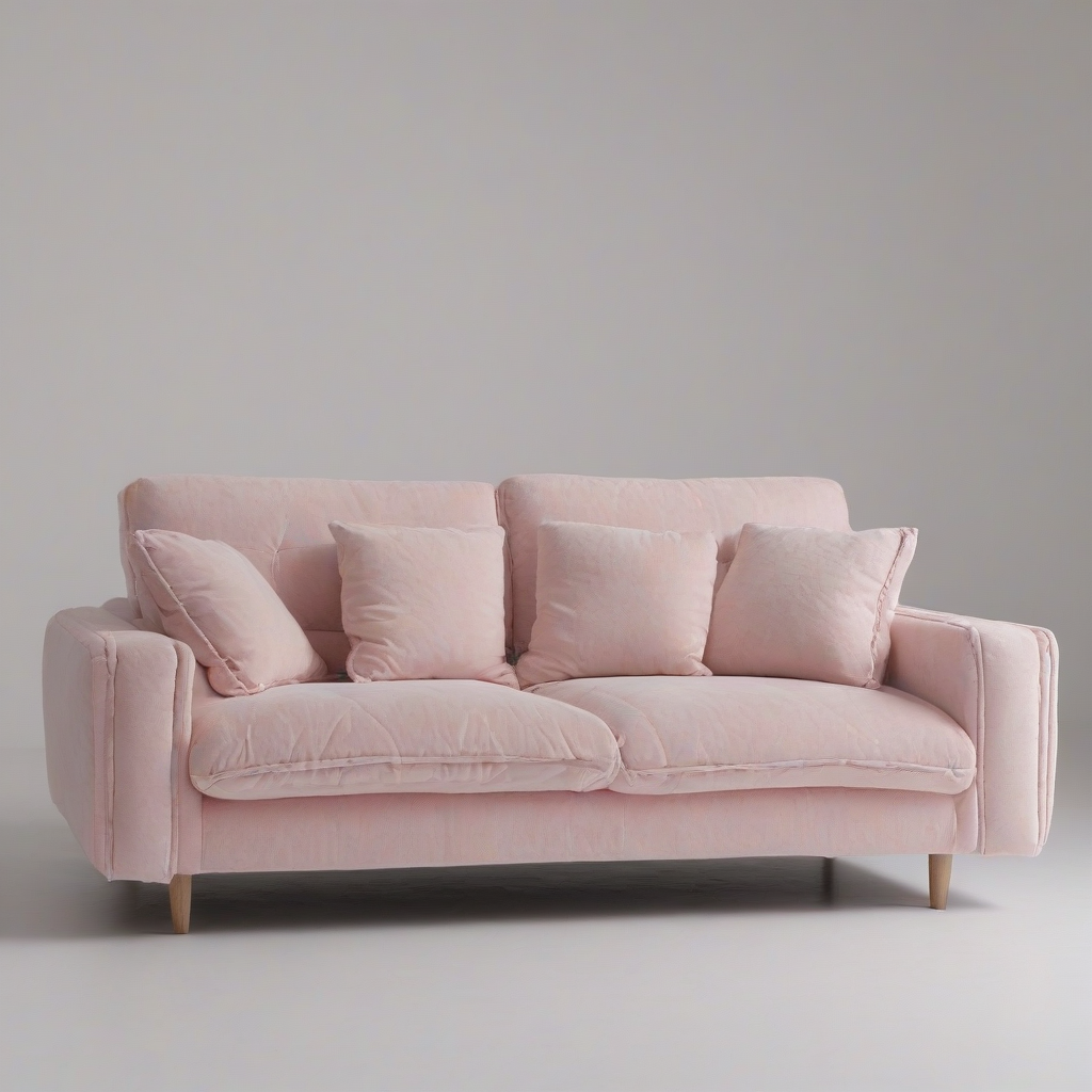 A hyper realistic, light pink, plush sofa, with intricate stitching and subtle fabric texture, in a wide shot, with the entire piece of furniture visible, including the legs and cushions, and two small side cushions on either side, on a plain white background, with soft, natural lighting and minimal shadows., on a plain white background, even lighting 