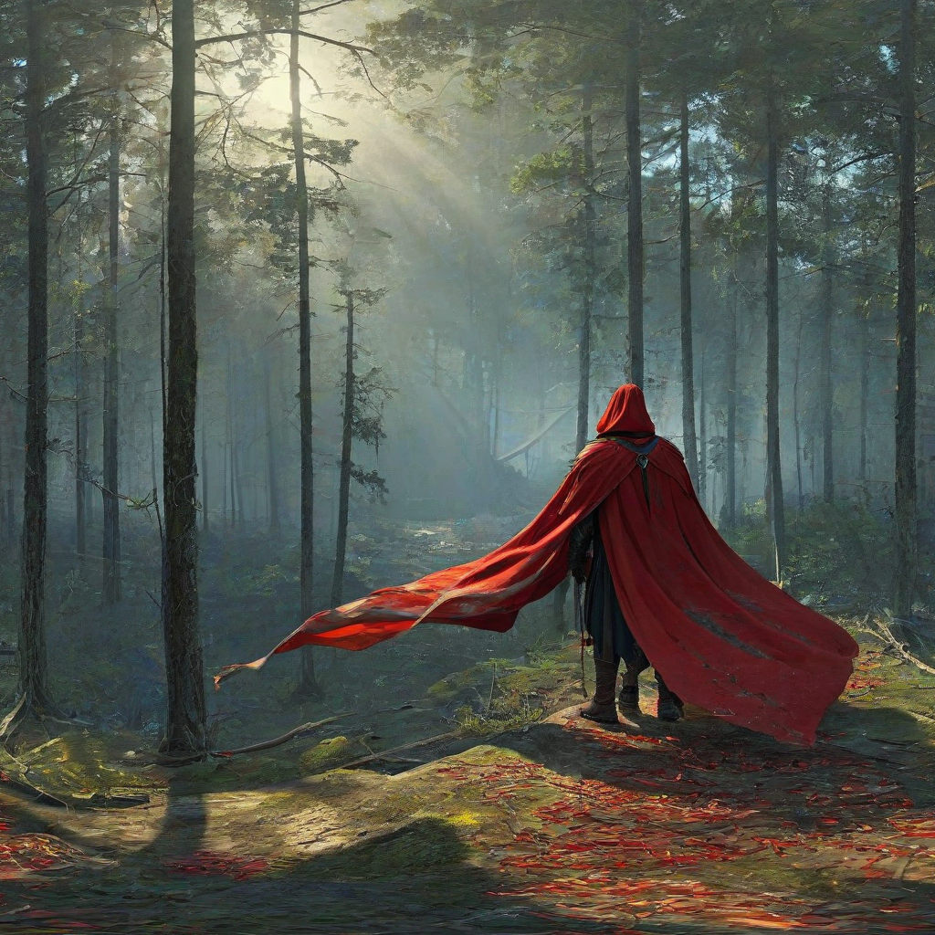 digital art of a lone warrior with a long, flowing, and tattered red cape that is blown by the wind, the lone warrior is looking down at a forest, where there is a high tech facility sitting among the trees, sunrise