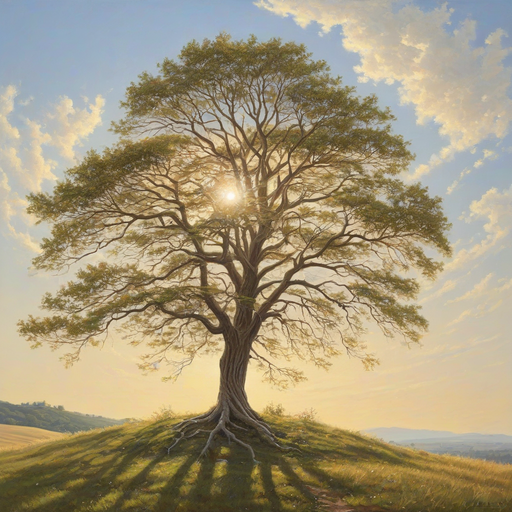 A beautiful, serene painting of a lone tree on a hill, full-body view, wide shot, with visible roots and branches, set against a clear blue sky with a few puffy white clouds, warm sunlight casting a gentle glow, oil painting style, high level of detail, on a plain white background