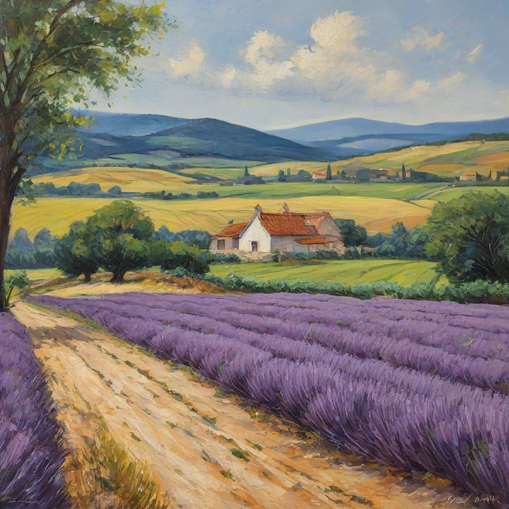 oil painting of the french country side with lavender fields