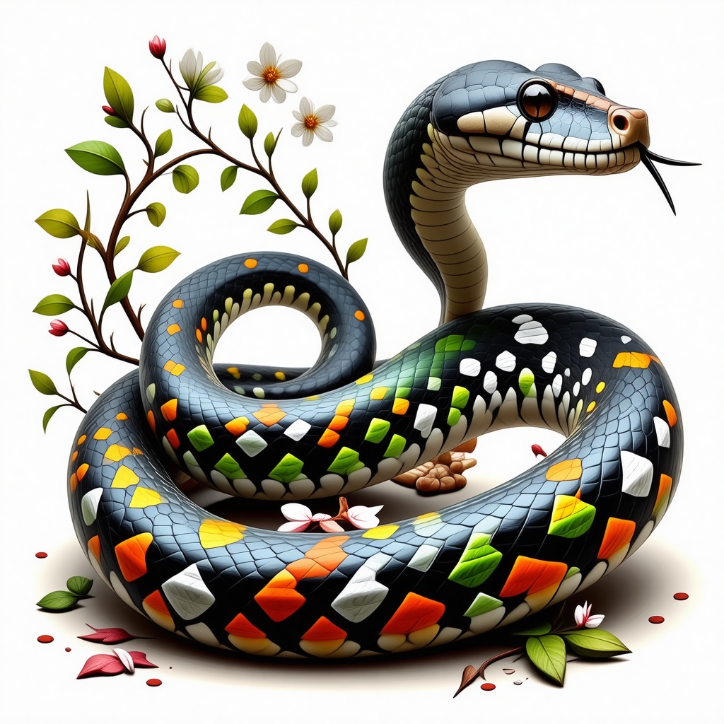 Colorful snake with patterns of white vines with flowers running down it's back