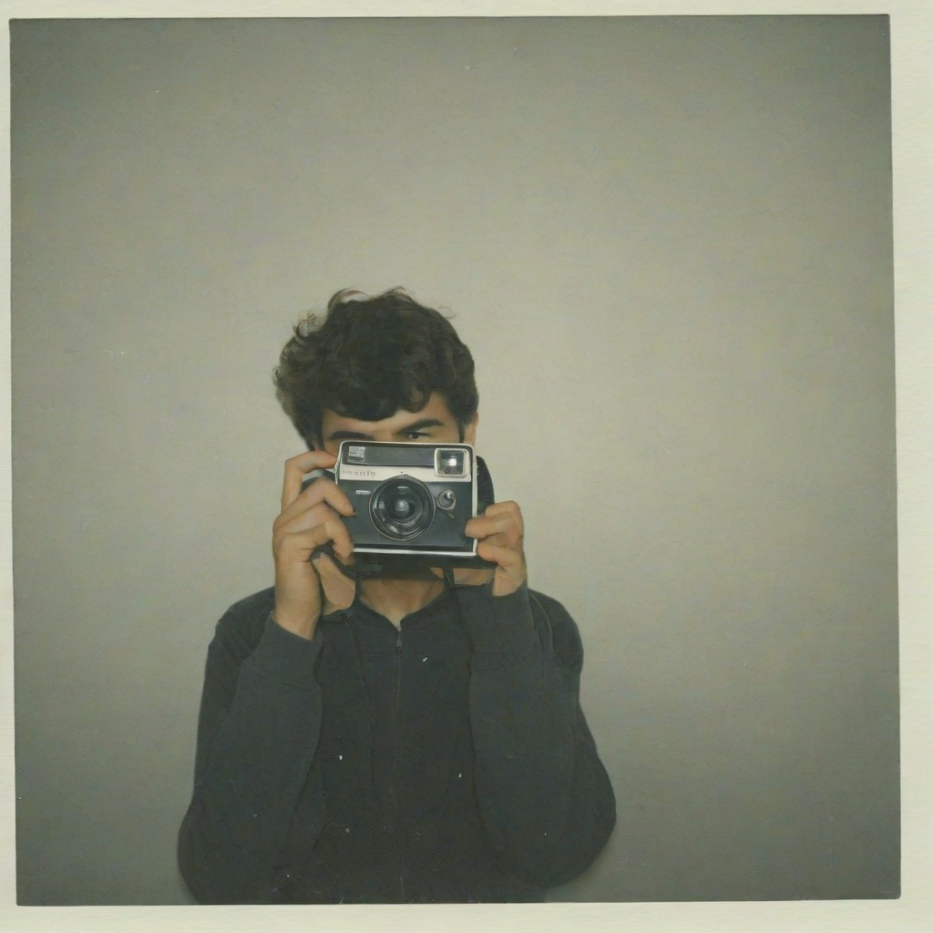 Polaroid photo of a young man taking a photo using a polaroid camera