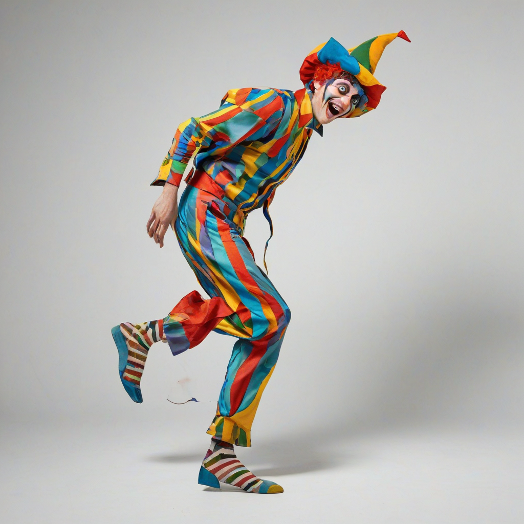 A crazy person, full-body view, wearing a colorful jester hat, standing on a plain white background, with a wide-angle shot, and dynamic shadows, in the style of a digital illustration, with bold lines and bright colors, and a hint of surrealism, feet visible