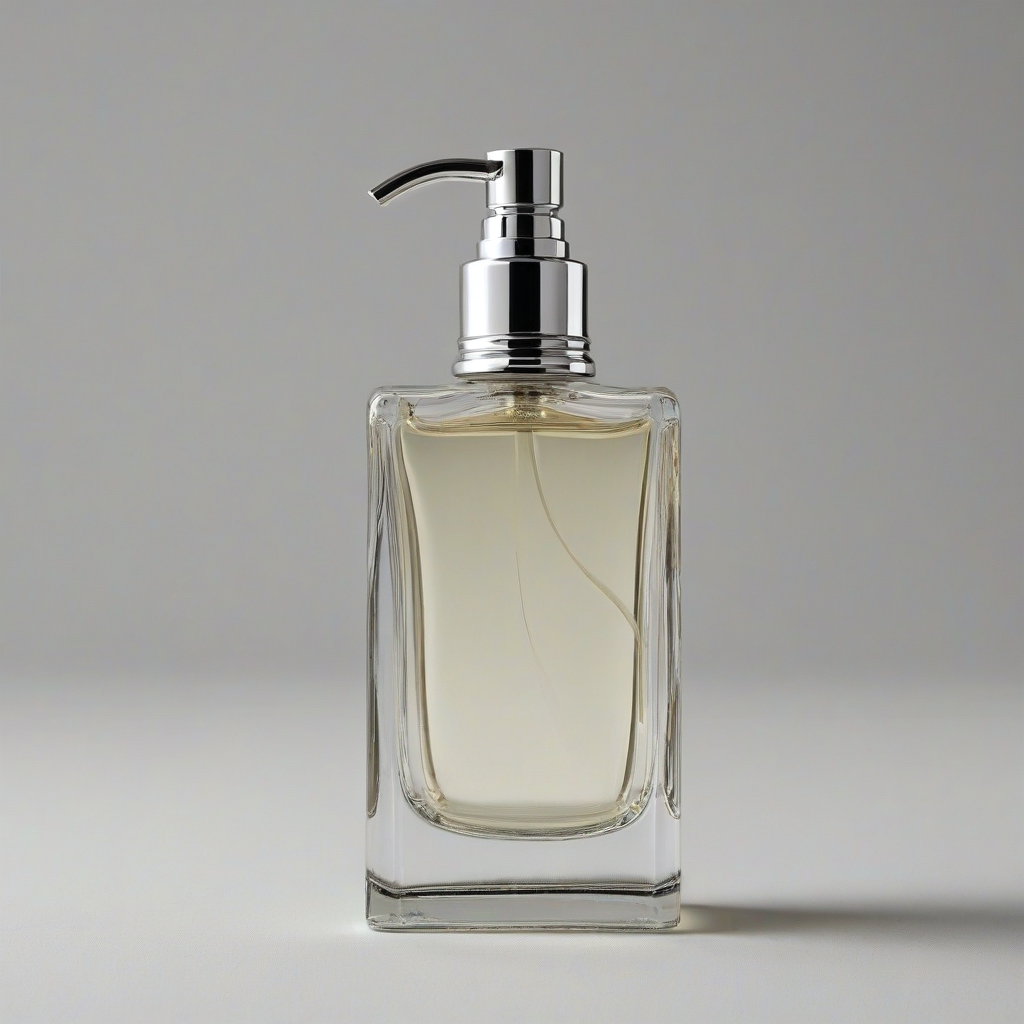 A luxurious perfume bottle with a silver cap and a squeeze ball pump, on a plain white background, full-body view, with the pump prominently displayed, in a high-end, detailed, realistic style, with soft, natural lighting and subtle shadows, on a plain white background, even lighting 