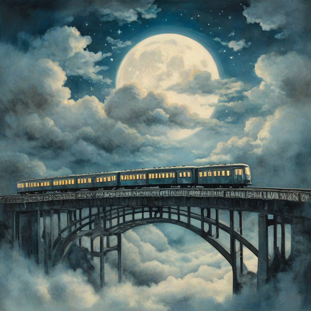 A sleepy train made of clouds glides across a moonlit sky bridge, each carriage glowing softly with forgotten dreams hush-toned, surreal, and gently wistful, subtle oilpaint watercolor mix