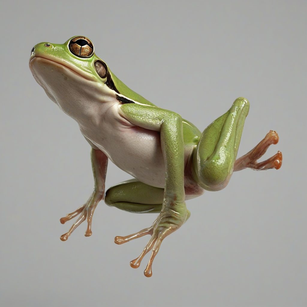 A green frog in a full-body view, on a plain white background, with its long tongue extended catching a fly in mid-air, photorealistic style, with detailed texture and realistic lighting, wide shot with the frog's feet visible, on a plain white background, even lighting 