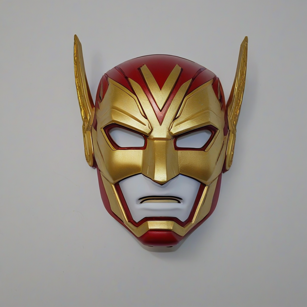 Kids toy Flash mask, vibrant red and gold coloring, no human in the image, on a plain white background, even lighting