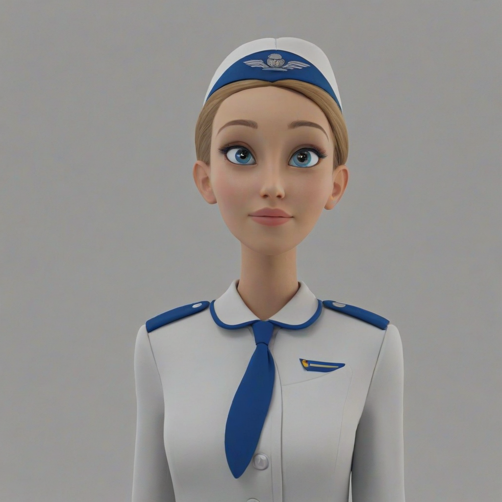 3d cartoon animation of a female flight attendant, wearing full uniform, large eyes, rounded facial features, full body visible, on a plain white background, even lighting