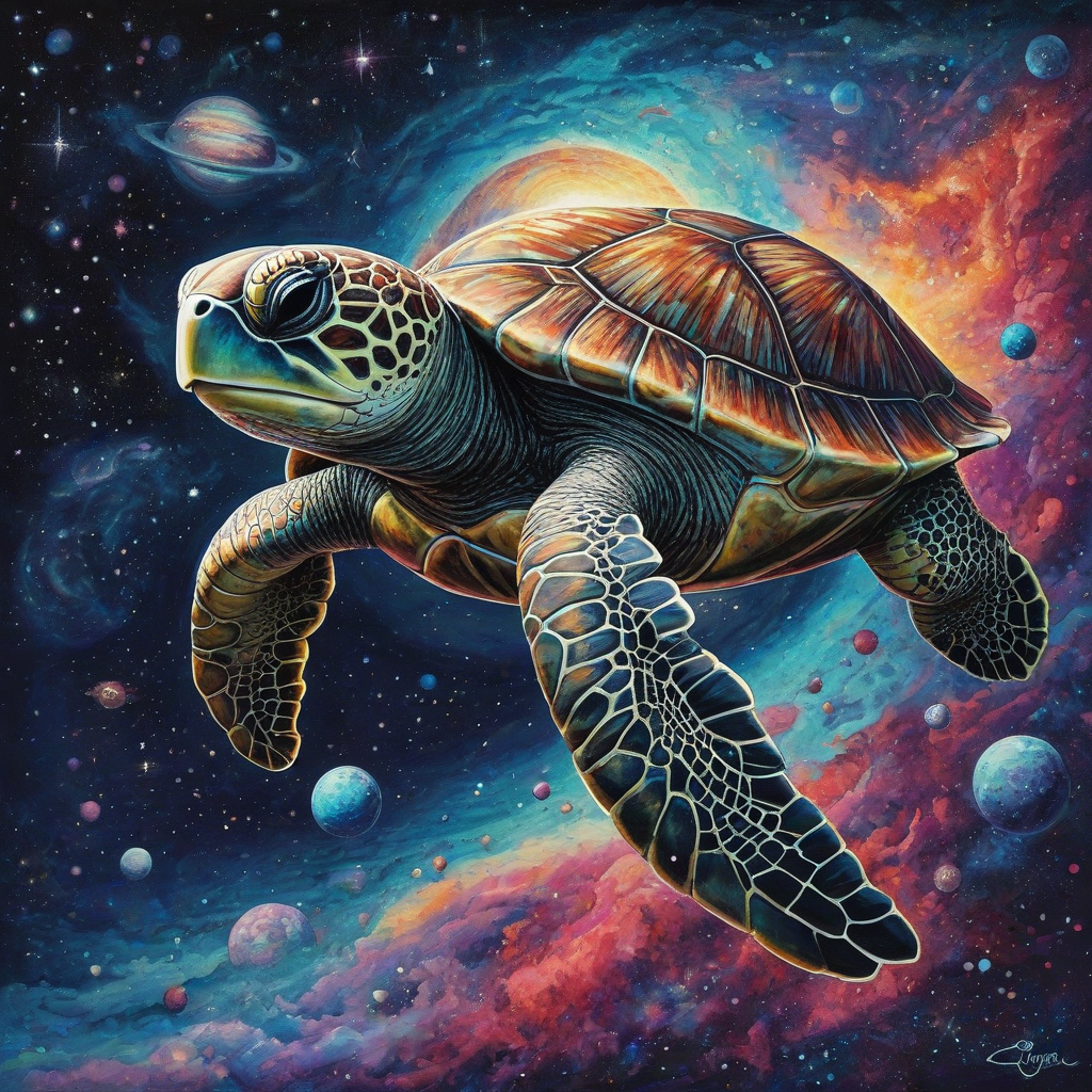 Neon Sam Guay style art of a sea turtle swimming through space and it's shell is made up of a colorful galaxy with small planets
