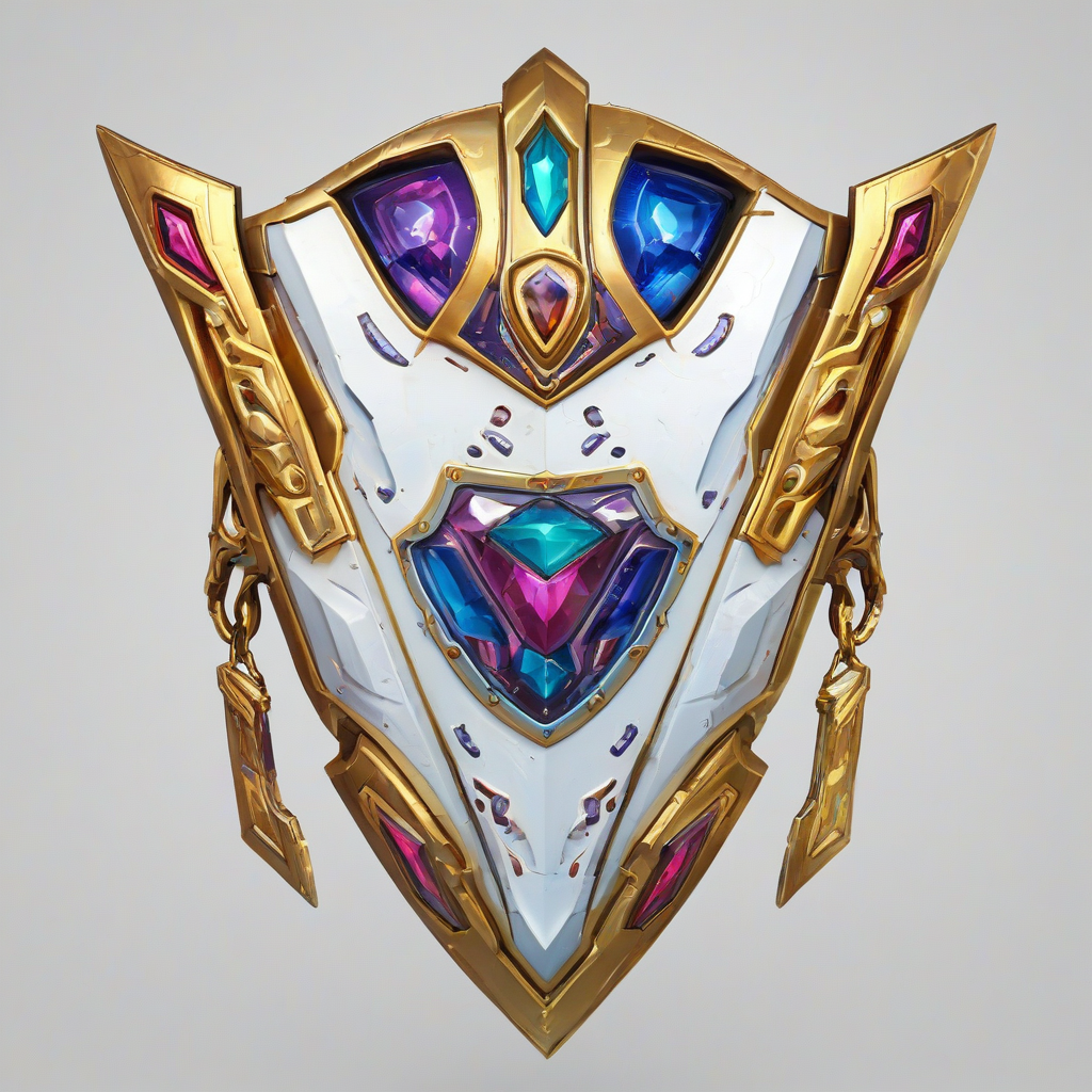 A stylized, chunky galaxy shield with embedded jewels, designed as a fun video game asset, featuring a wide shot with the chest's intricate details and colorful jewels on a plain white background, with a dynamic lighting effect to accentuate its textures and vibrant colors, masculine aesthetic, angular lines, and bold shapes.