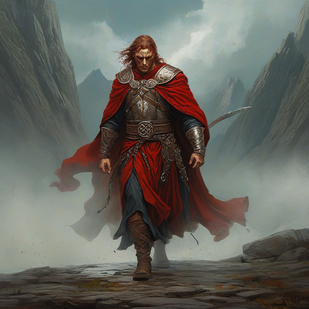 Digital art of a Celtic warrior wearing dramatically billowing robes, the warrior is walking towards the camera, his head is bowed down, red accent color, Michael Whelan and Marc Simonetti influenced art styles, intense mood