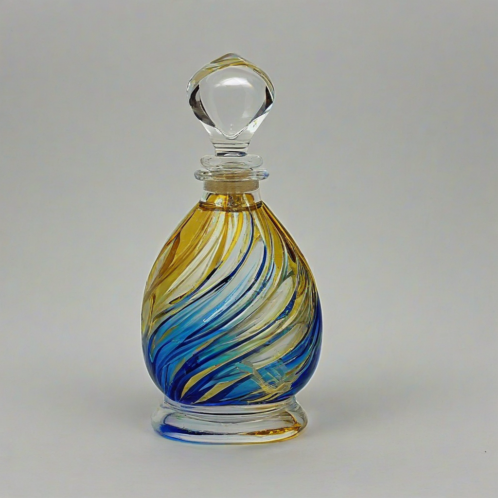 Fancy, decorative, multicolored glass perfume bottle with swirling patterns of blue and gold, on a plain white background, even lighting