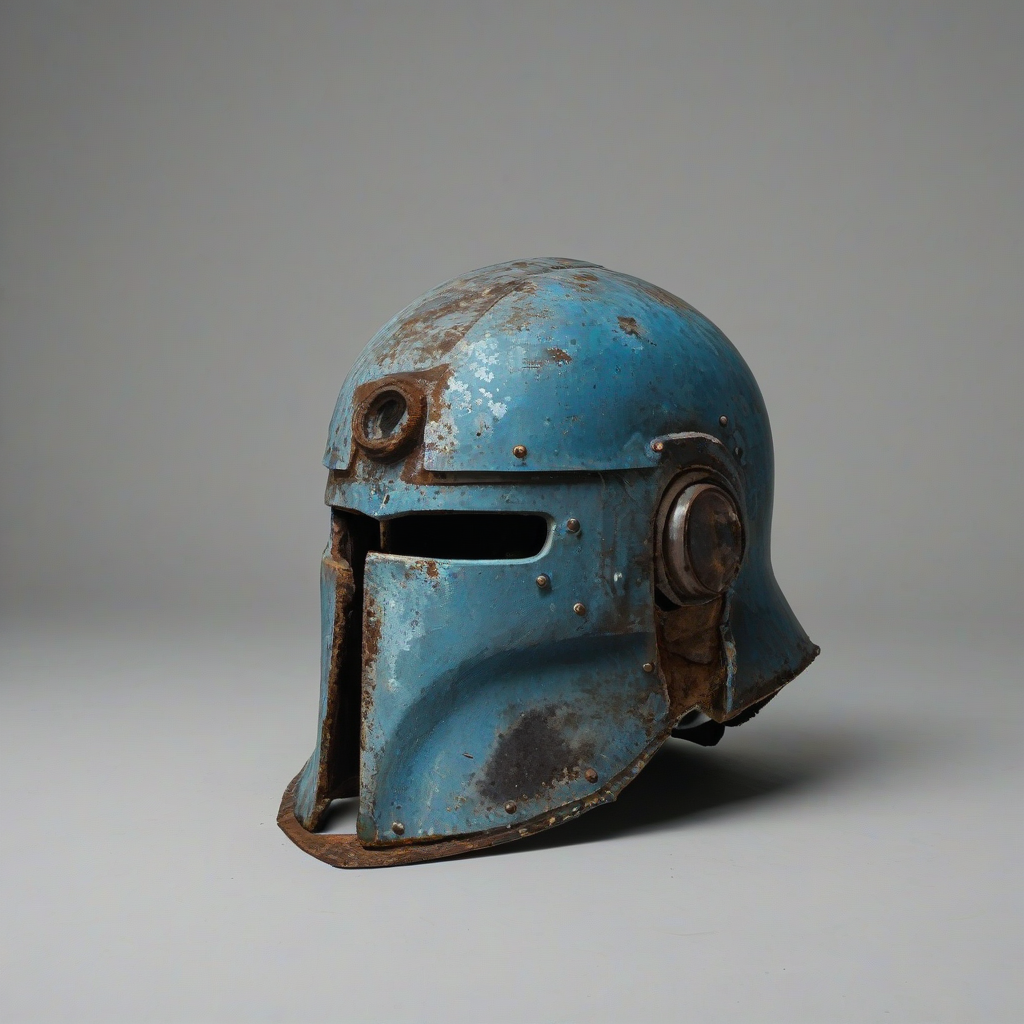 worn, rusted kleos helmet, on a plain white background, even lighting